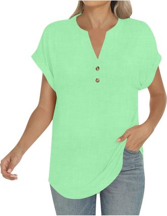 Generic Ladies Summer Tops Button Short Sleeve V Neck Tops Dressy Casual Hawaiian Shirts Cotton Linen Workout Holiday Tunic Blouses Loose Floral Boho T Shirts