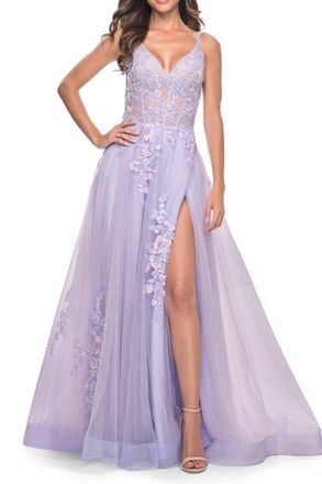 La Femme A-Line Tulle Prom Dress with Scattered Lace Applique in Lavender at Nordstrom, Size 00