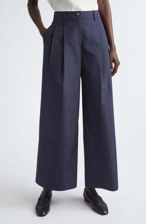 Lafayette 148 New York Park Pleated Organic Cotton Poplin Wide Leg Ankle Pants in Ink at Nordstrom, Size 10