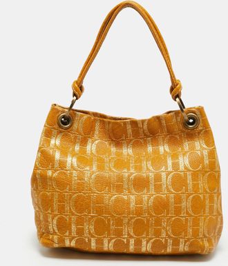 Carolina Herrera Yellow Monogram Embossed Leather Ring Handle Tote