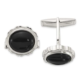 Diamond2Deal Sterling Silver Polished Round with Textured Sides Onyx Cuff Links