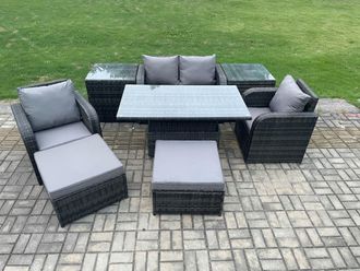 Fimous Rattan Furniture Outdoor Garden Dining Sets Patio Height Adjustable Rising lifting Table Love Sofa With Stools in Dark Grey