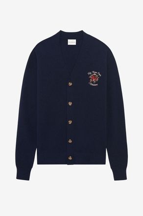 Dr&ocirc;le de Monsieur Cardigan mit V-Ausschnitt aus bestickter Merinowolle