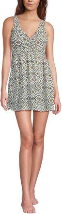 Lands End SlenderSuit V-neck Wrap Swim Dress One Piece Swimsuit Adjustable Straps in Geo Floral/white at Nordstrom, Size 12