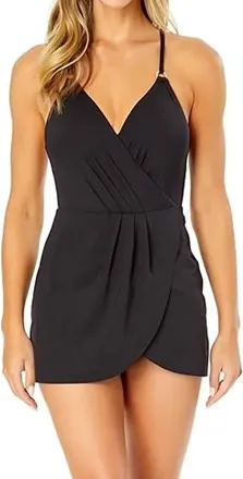 Anne Cole Thin Strap One Piece Swimsuit With Skirted Bottom In Black