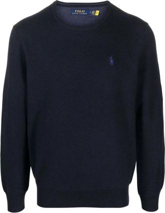 Ralph Lauren Logo-Geborduurd Trui met Ronde Hals - Heren - Ronde hals truien - Blauw - L - Katoen - Truien & Vesten