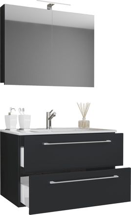 ebuy24 Ebuy24 - Vcm 3 Pcs Lavabo Lavabo Inferior Gabinete Ancho 60 Cm Juego De Muebles De Ba&ntilde;o Colgando Con Dos Cajones Espejo Gabinete Badinos (negro)