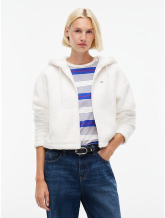 Tommy Hilfiger Womens Tommy Jeans Teddy Fleece Zip Hoodie - Off White - XL