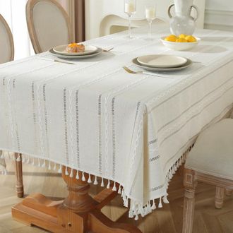 OEM Mantel De 90x140 Cm, Bordado A Rayas Beige Y Blancas Con Flecos, Poli&eacute;ster, Resistente A Las Manchas