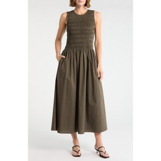 Rag & Bone Lane Sleeveless Smocked Cotton Maxi Dress in Mid Olive at Nordstrom Rack, Size X-Large