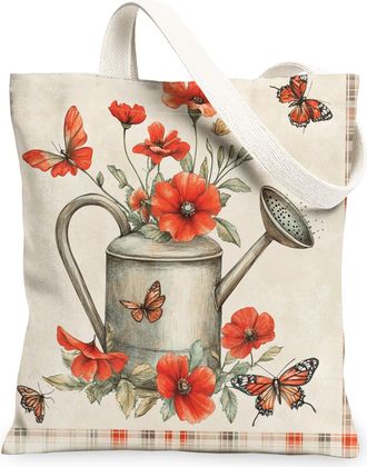 Generic Spring Poppy Flower Canvas Tote Bag for Shopping 13x15, Farmhouse Country Floral Reusable Grocery Print Pattern Bag for Women Men, Fun Farm Aesthetic 