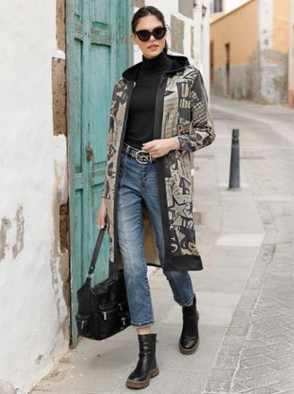 Heine Shirtjacke HEINE Shirtjacke, Damen, Gr. 34, beige (sand, schwarz, bedruckt), 95% Polyester, 5% Elasthan, bedruckt, gemustert, mehrfarbig, Shirts Shirt