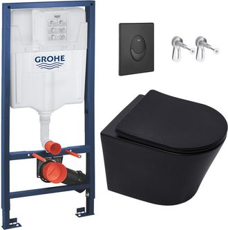 GROHE Bastidor De Soporte Rapid Sl + Inodoro Infinitio Sin Brida Negro Mate + Asiento Softclose + Placa Negro Mate