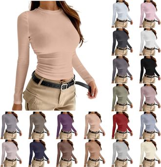 Generic Long Sleeve Tops Women Plain Crew Neck Slim Fit Shirt Ladies Stretch Long Sleeve T Shirt Tops Basic Autumn Spring Clothes for Daily Wear Work Travel S