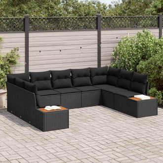 vidaXL Set De Sof&aacute; De Jard&iacute;n De 5 Piezas Con Cojines, Rat&aacute;n De Poli&eacute;ster Negro, Acacia. Vidaxl