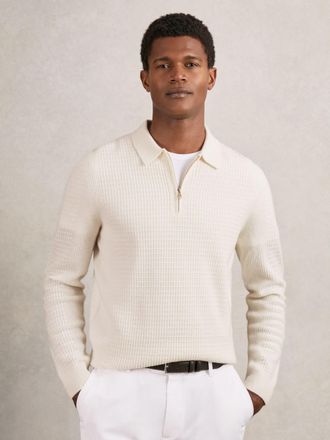 Reiss Off White Wool Waffle-knit Half-zip Polo Shirt, XL