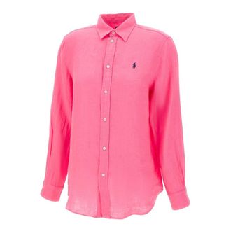 Polo Ralph Lauren Shirts, female, Pink, Size: L Logo Embroidered Curved Hem Shirt