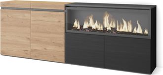 Skraut Home Aparadores Para Sal&oacute;n, Gran Capacidad De Almacenaje, 210, 4 Puertas, Chimenea El&eacute;ctrica Xxl, Estilo Moderno, Roble Y Negro - Skraut Home