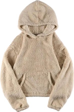 Generic Womens Hoodies Solid Crew Neck Cropped Hooded Sweatshirt Sherpa Lined Plush Teddy Bear Sweater Shirt with Pockets Ladies Autumn Winter Warm Hoodies So