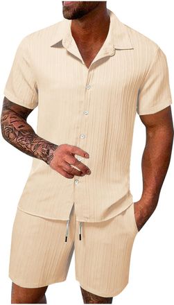 Generic 2025 Mens 2 Piece Cotton Linen Shorts and Shirt Sets UK Sale Clearance Sets Short Sleeve Button Down Shirts Shorts with Pockets Hawaiian Shirts Button