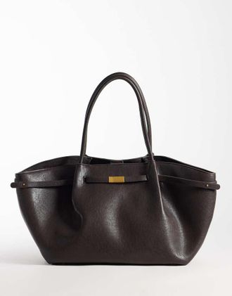 Gina Tricot Gina Tricot borsa shopper con dettaglio ripiegato in marrone talpa