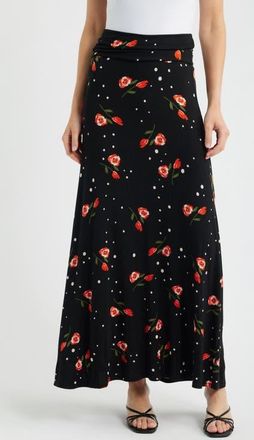 Loveappella Roll Top Floral Print Maxi Skirt in Black/red at Nordstrom, Size X-Large