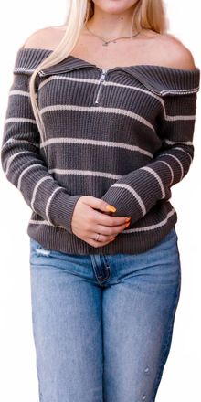 Wishlist Sarah Striped Off-The-Shoulder Sweater In Olive/stone