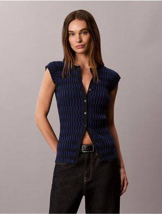 Calvin Klein Womens Tech Knit Checkered Rib Cardigan - Blue - XL