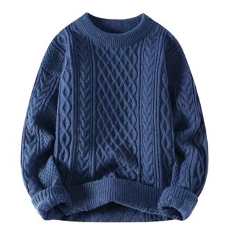 Generic Women Trendy Oversized Cable Knitted Chunky Sweaters Crewneck Long Sleeve Fall Winter Pullover Tops Thermal Long Sleeve (Blue, M)