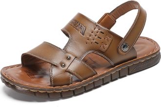 Generic Mens Genuine Leather Sandals Fashion Closed Toe Slip On Non Slip Outdoor Casual Slippers Summer Lightweight Beach Sandals (Khaki,6.5)