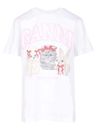 Ganni Basic Cotton Jersey Cute Animals T-Shirt Bianco-Donna