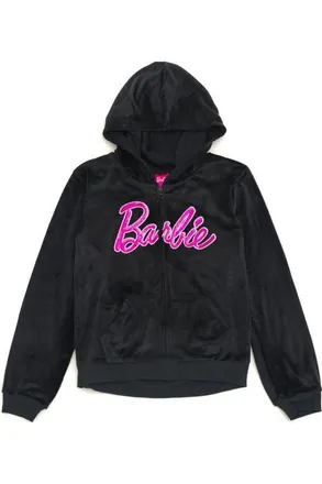BARBIE Velour Zip-Up Hoodie in Black Pink at Nordstrom, Size X-Small