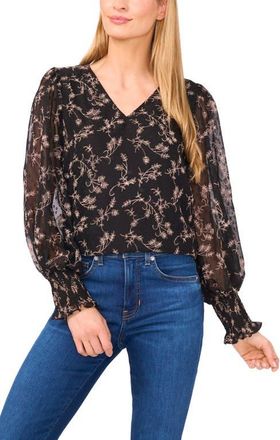 CeCe by Cynthia Steffe Floral Clip Dot Smocked Cuff V-Neck Top in Rich Black at Nordstrom, Size Medium