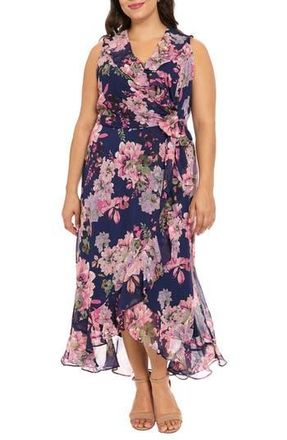 London Times Chiffon Ruffle Dress in Navy/Pink at Nordstrom Rack, Size 16W