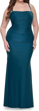 La Femme Lace-Up Long Prom Dress In Dark Teal