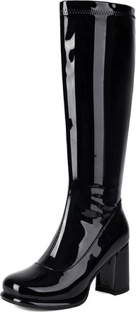 Generic Womens Patent Leather Knee High Boots Square Toe Long Boots with Side Zipper Block High Heel Platform Knight Boot,Black,4.5 UK