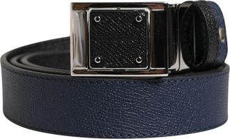 Dolce & Gabbana Men Blue Calfskin Leather Square Buckle Belt Calf