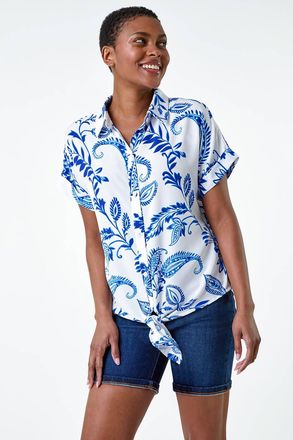 Roman Paisley Leaf Print Tie Front Top
