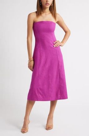 Open Edit Strapless Linen Blend Midi Dress in Pink Wild Aster at Nordstrom Rack, Size Xx-Small