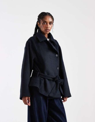 Asos Trench corto in misto lana blu navy con cintura bassa-Marrone