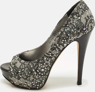 Gina Size 37 Grey/black Satin And Lace Crystal Embellished Platform Peep Toe Pumps