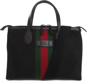 Gucci Sherry Line Black Nylon Canvas Leather Tote Bag (Pre-Owned)