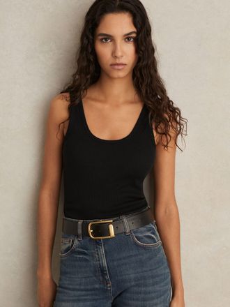 Reiss Violet Scoop Neck Jersey Vest Top - Black Cotton Ribbed, Size: S