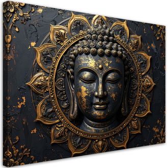 Feeby Cuadro En Lienzo, Mandala Buda Zen Spa Negro Y Dorado, 120x80