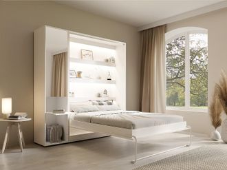 Vente-Unique Letto a scomparsa verticale 140 x 200 cm 1 colonna contenitore Con specchio e LED Bianco - RAPILI