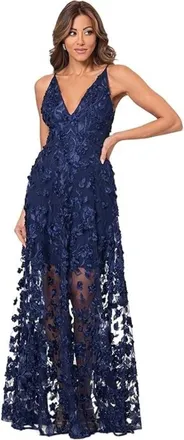 Xscape Dress Womens Navy Floral Soutache Mesh V-Neck Party Cocktail GBO1276