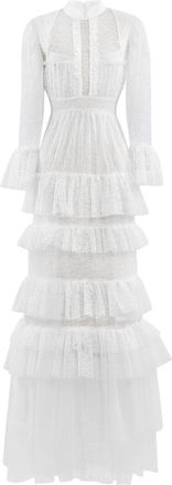 Saiid Kobeisy Off-White Lace Maxi Dress with Gathered Skirt and Long Sleeves