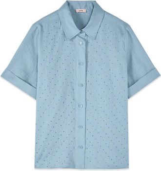 Oltre Linnen Blouse met Kristallen - Dames - Overhemden - Blauw - 4XL - Linnen - Overhemden