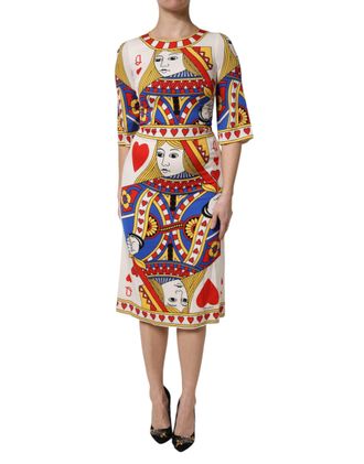 Dolce & Gabbana White Queen Of Heart Short Sleeve Midi Womens Dress