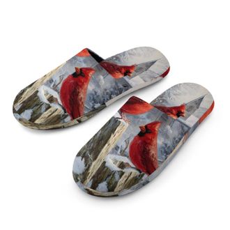 Generic Cardinal Perched On Fence Winter Snowy Mens House Slippers Slip Indoor Slipper On Shoes Warm Outdoor